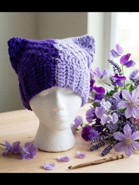 Handmade Two-Tone Purple Crochet Cat Ear Beanie